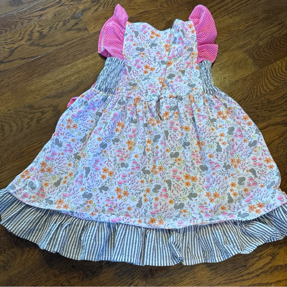 Girls Pink Floral Ruffle Dress with bunnies